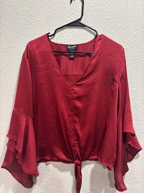 Wrangler Deep Red V-Neck Tie-Front Blouse with Layered Bell Sleeves